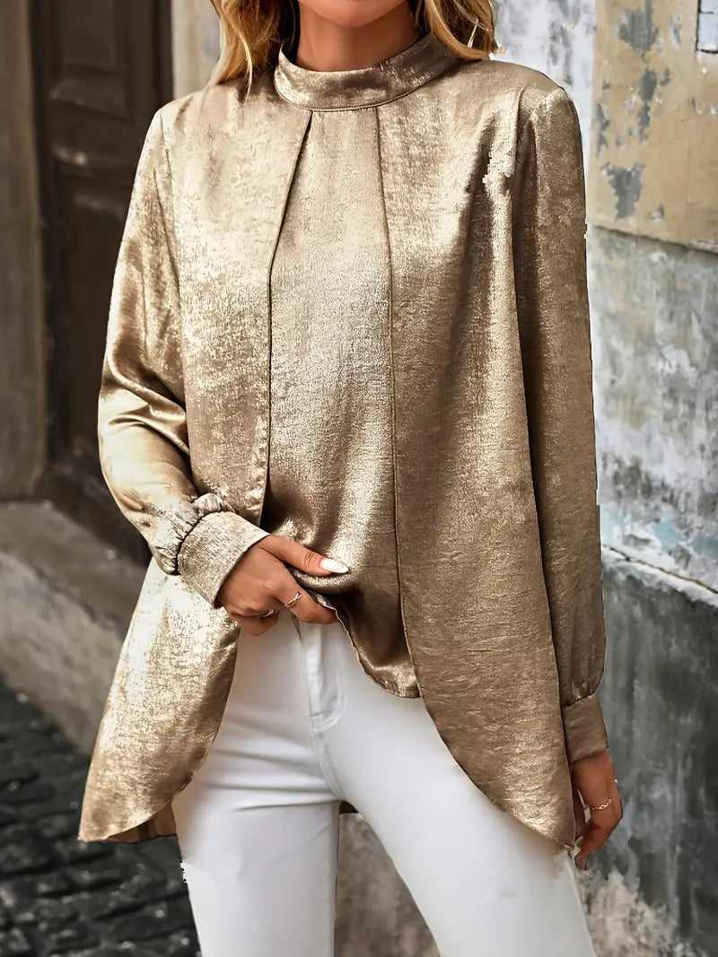 Elegancka koszula z metalicznym kołnierzykiem, sweter o linii A
