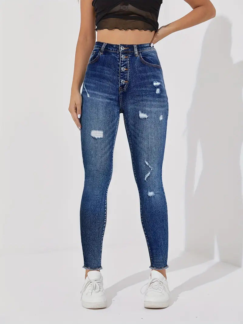 Damskie jeansy skinny z rozciągniętym paskiem i pojedynczym zapięciem