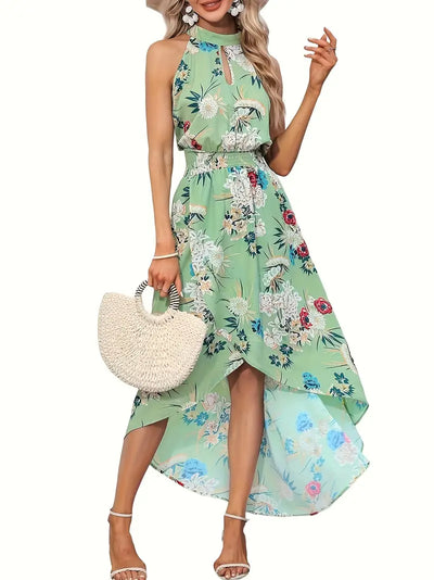 Sukienka plażowa boho - kwiatowy nadruk, dekolt półokrągły, długie rękawy, asymetryczny dół, poliester