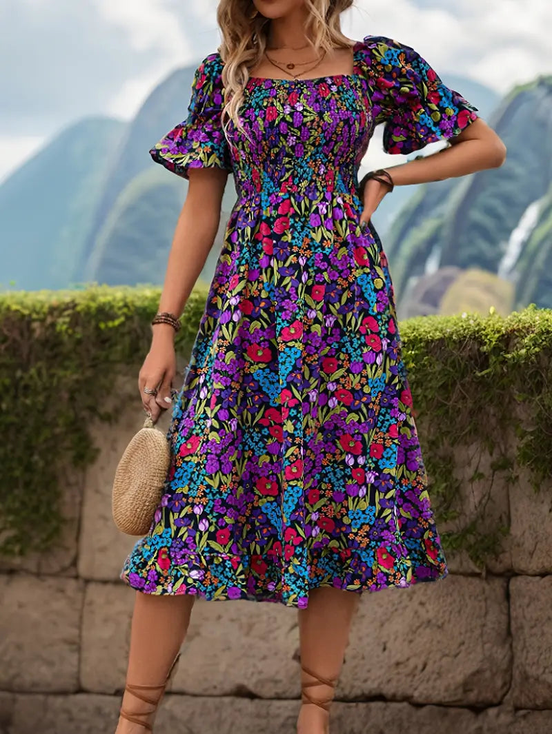 Bohemian Off-Shoulder Maxi Dress - kwiatowy nadruk, długie rękawy i kołysanie na lato, imprezę i wakacje