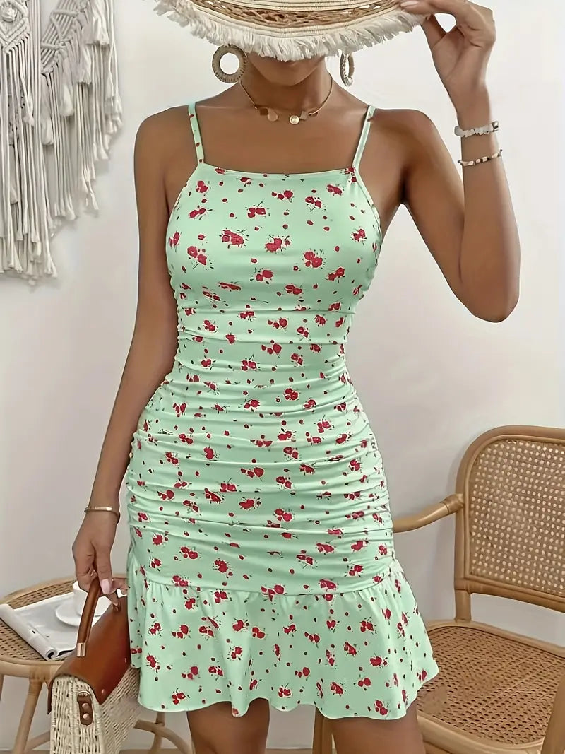 Elegancka sukienka bodycon z kwiatowym nadrukiem - Spaghetti Straps Cami bez rękawów na lato i imprezę