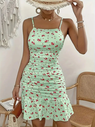 Elegancka sukienka bodycon z kwiatowym nadrukiem - Spaghetti Straps Cami bez rękawów na lato i imprezę