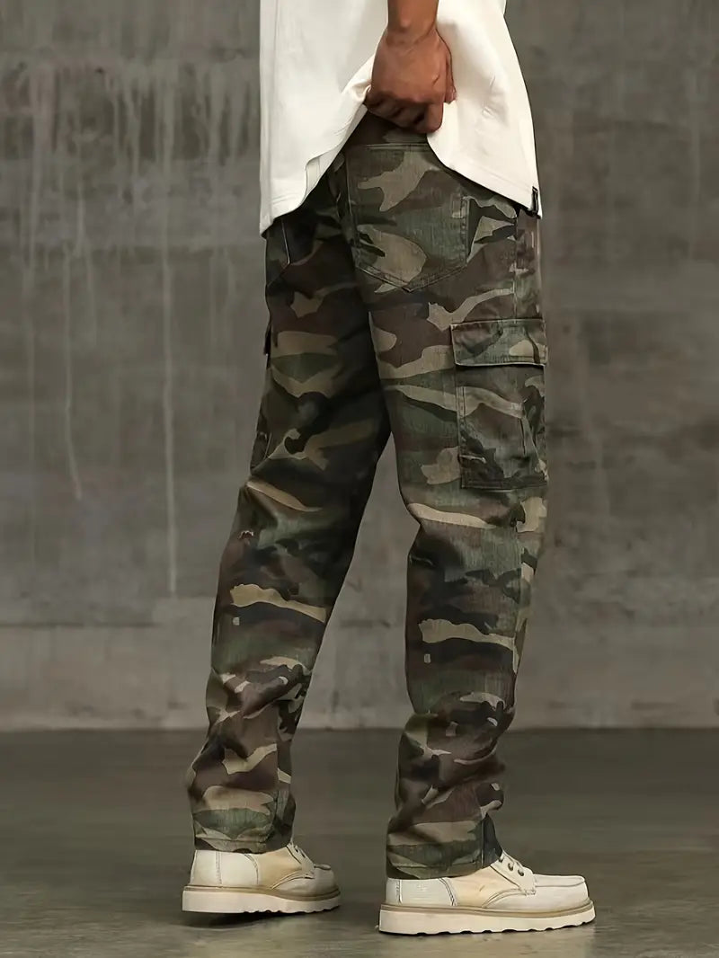 Zimowe spodnie cargo - vintage camo, bawełna, luźny krój