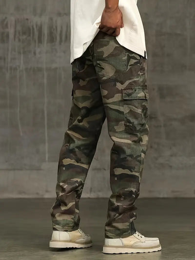 Zimowe spodnie cargo - vintage camo, bawełna, luźny krój