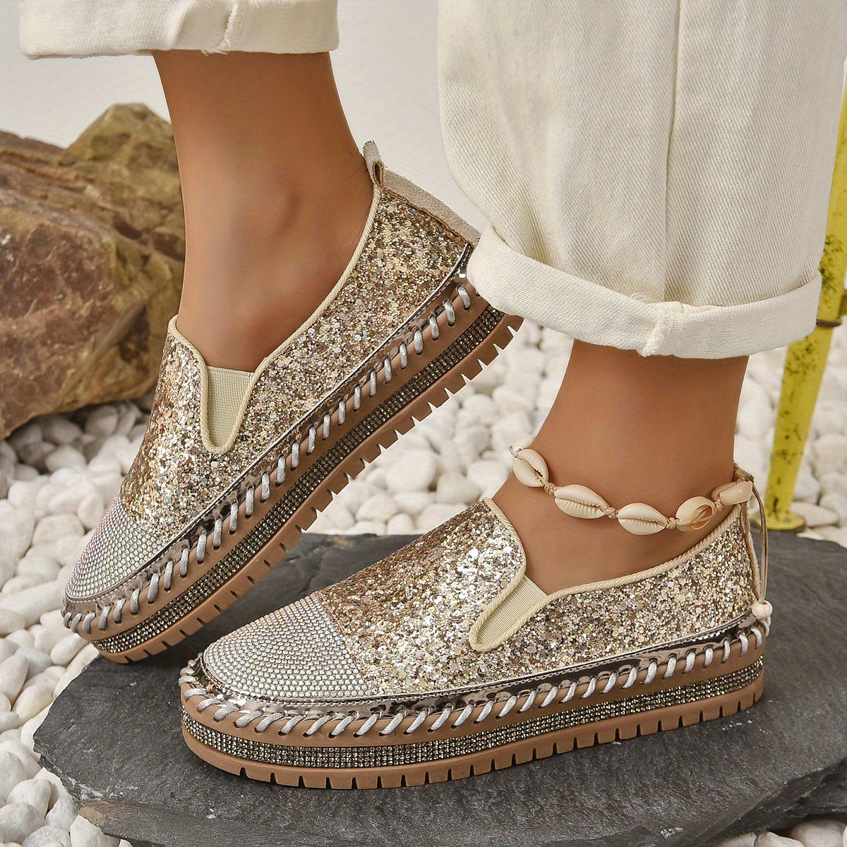 Kryształowe loafersy damskie, obcas 3 cm, wygodne buty na platformie