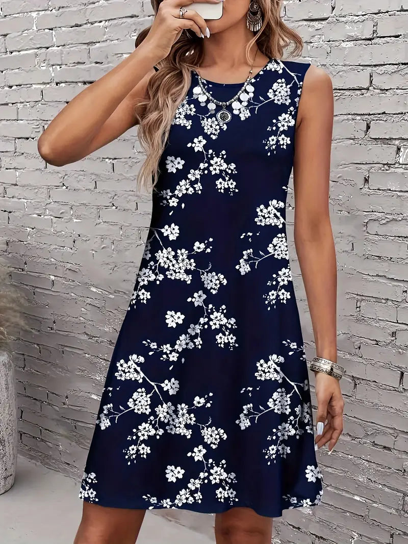 Granatowa sukienka w kwiaty - Letnia sukienka bez rękawów z eleganckim nadrukiem