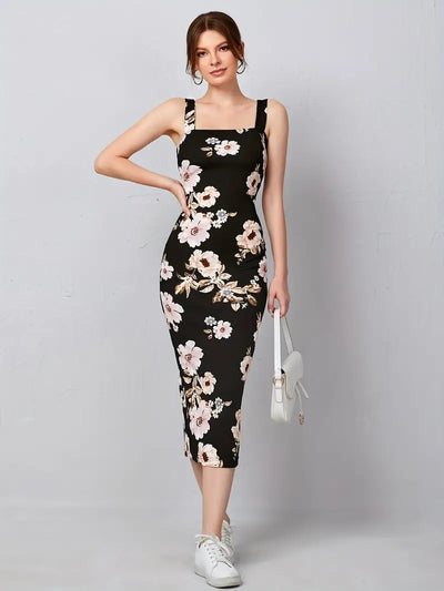 Zwarte Midi Jurk met Bloemenprint Elegante Mouwloze Zomerjurk met Hoge Split