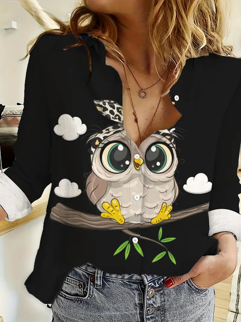 Lässiges Langarm-T-Shirt mit einzigartigem Eulen-Print für Frauen