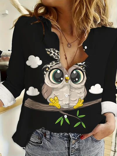 Lässiges Langarm-T-Shirt mit einzigartigem Eulen-Print für Frauen