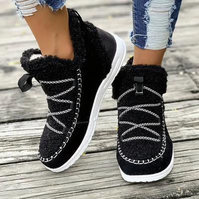 Damskie płaskie buty zimowe - Buty casual z materiału i PU