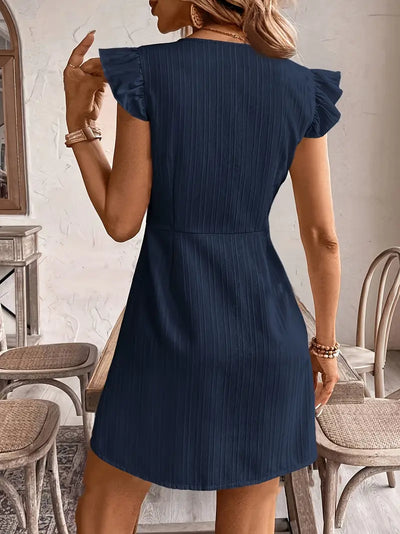Granatowa letnia sukienka Casual Holiday Dress z marszczonymi rękawami i zapięciem na guziki