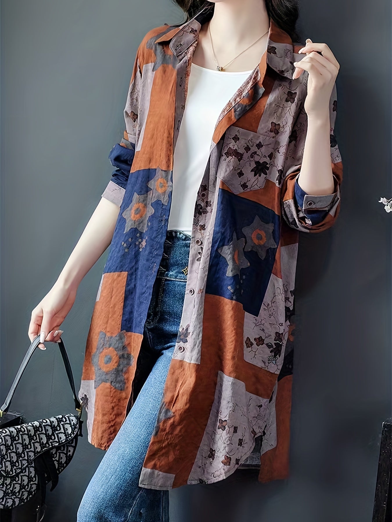 Lniana bluzka oversize, geometryczny nadruk, długie rękawy, mieszanka jedwabiu