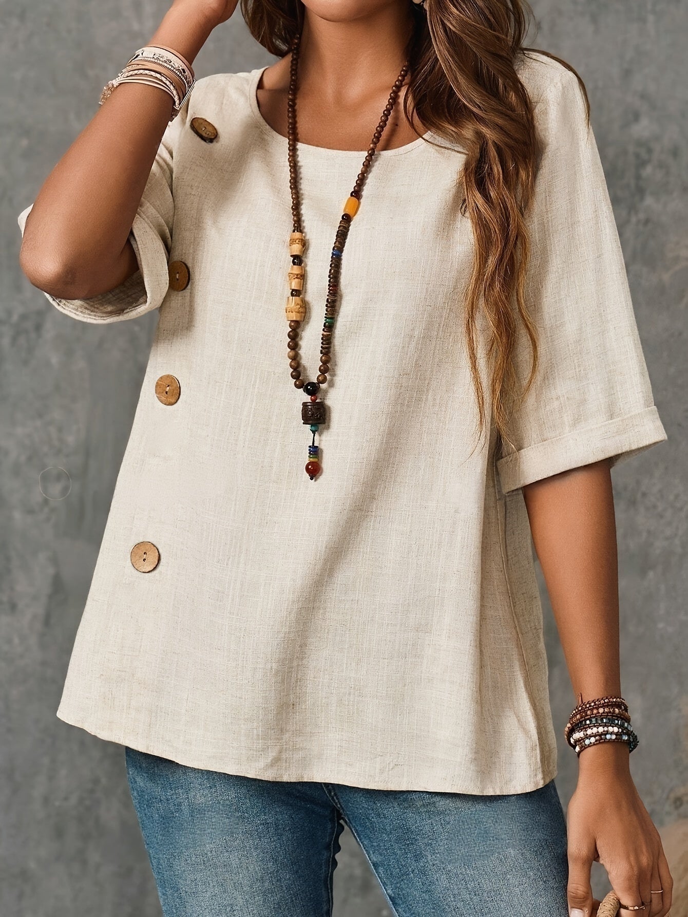 Bluzka z guzikami w kolorze khaki, półrękawy Casual top