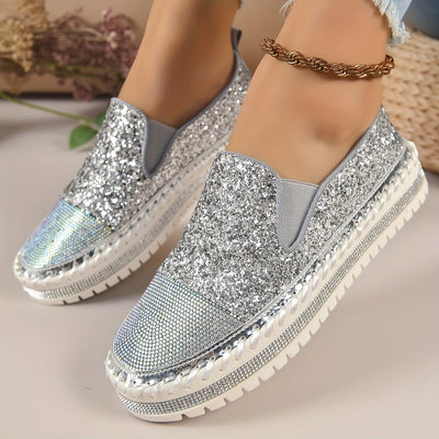 Kryształowe loafersy damskie, obcas 3 cm, wygodne buty na platformie
