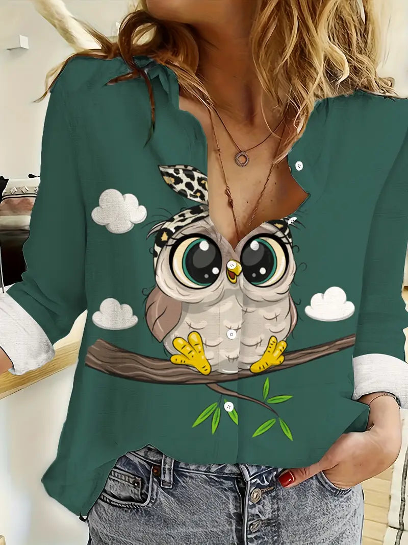 Lässiges Langarm-T-Shirt mit einzigartigem Eulen-Print für Frauen