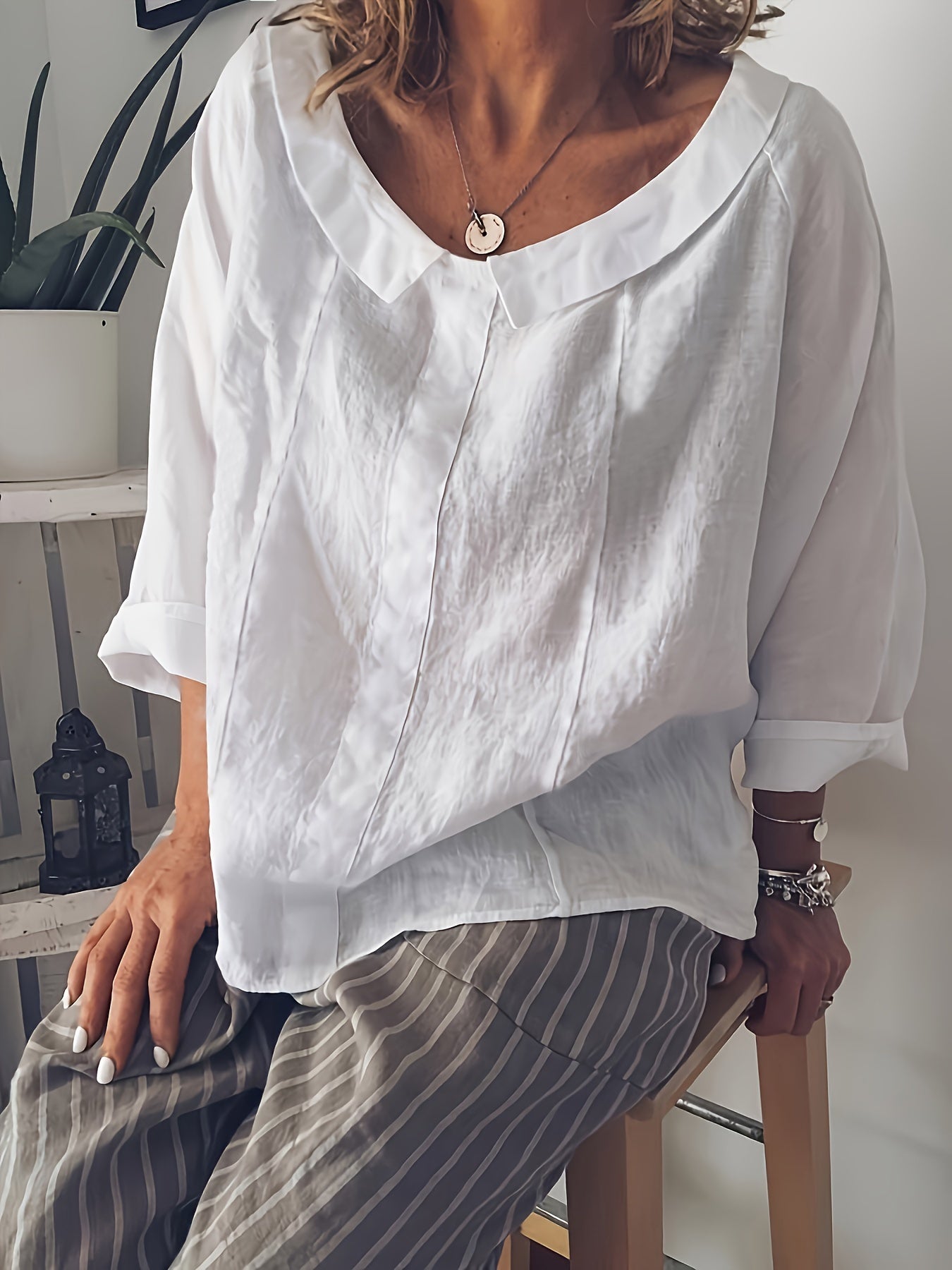 Bluzka Plus Size – długi rękaw, swobodny okrągły dekolt, miękki sztuczny jedwab