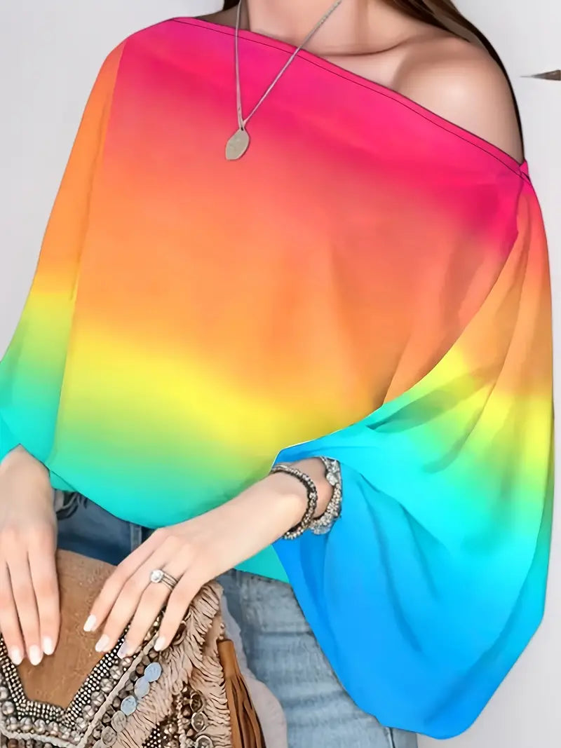 Sherie - Bluzka z odkrytymi ramionami z etnicznym nadrukiem Boho Batwing Sleeve