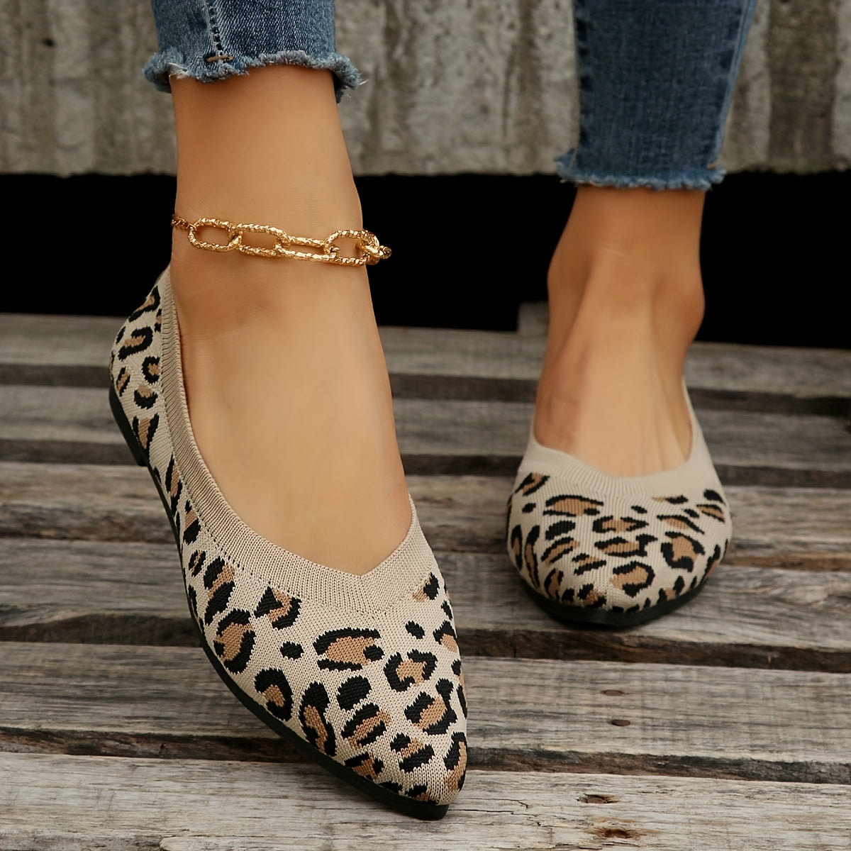 Ladies Leopard Ballerinas-Punkt Poślizg-on Light Ramin