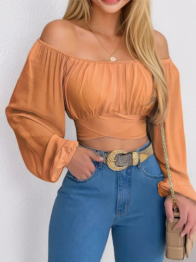 Binge - Solidna bluzka z długim rękawem wiązana na plecach Casual Off Shoulder