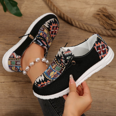 Letnie loafersy damskie - Lekkie płócienne loafersy w stylu etno