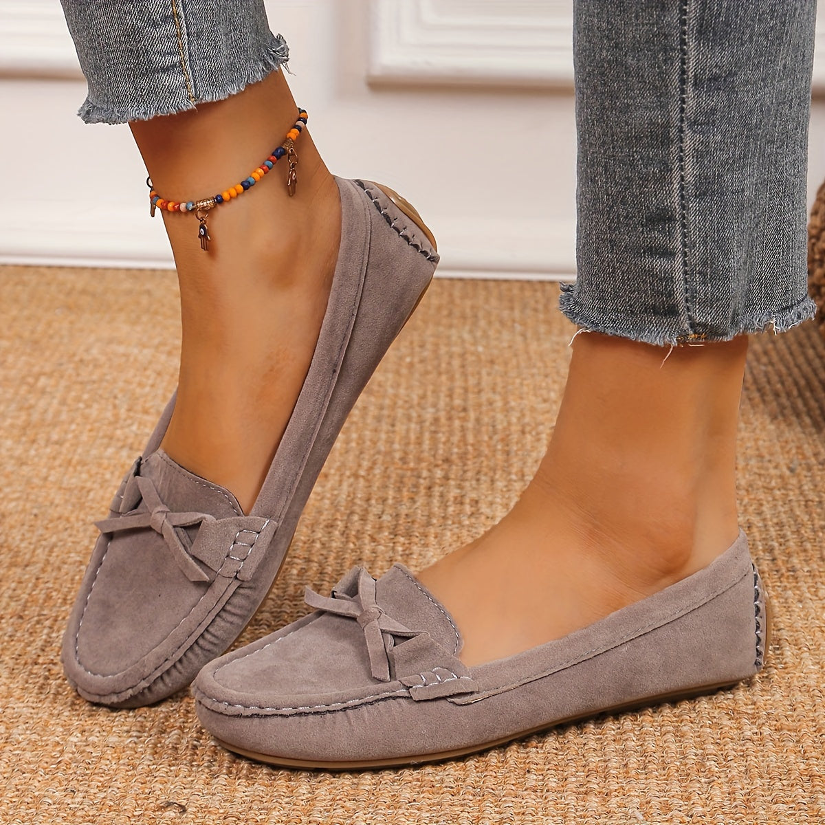 Retro loafersy z kokardą, buty wsuwane z okrągłym noskiem