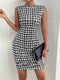 Bodycon z wzorem w pepitkę Sukienka bez rękawów Elegancka sukienka letnia z wysokim dekoltem