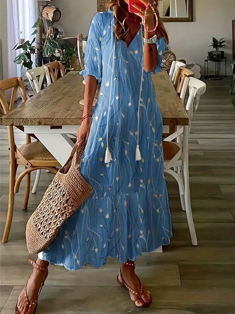 Charm - Ikat Dream Boho Sukienka z falbaną i dekoltem w szpic, w eleganckim stylu
