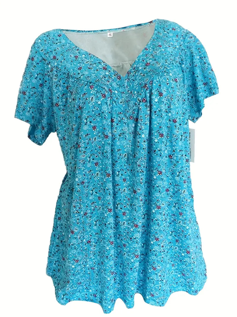 Floral Charm Plus Size V-Neck T-shirt z krótkim rękawem Boho T-shirt