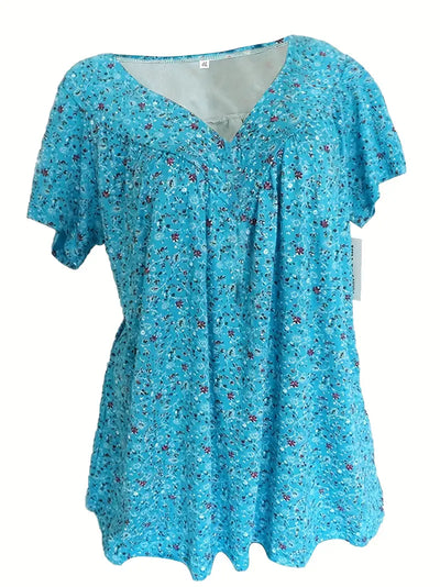 Floral Charm Plus Size V-Neck T-shirt z krótkim rękawem Boho T-shirt