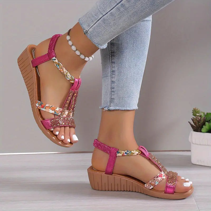 Nille - Boho Glam Plecione sandały na koturnie ze strasami