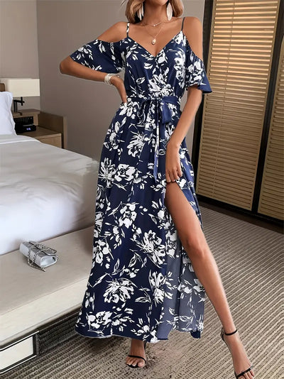 Sukienka maxi z kwiatowym nadrukiem i zimnymi ramionami Elegancka sukienka letnia