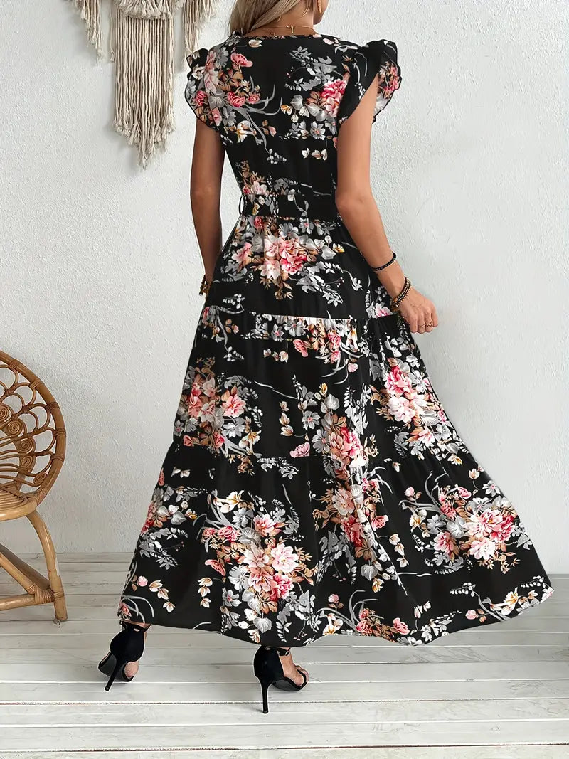 Czarna swingowa sukienka z kwiatowym nadrukiem Elegancka letnia sukienka z falbaną i paskiem