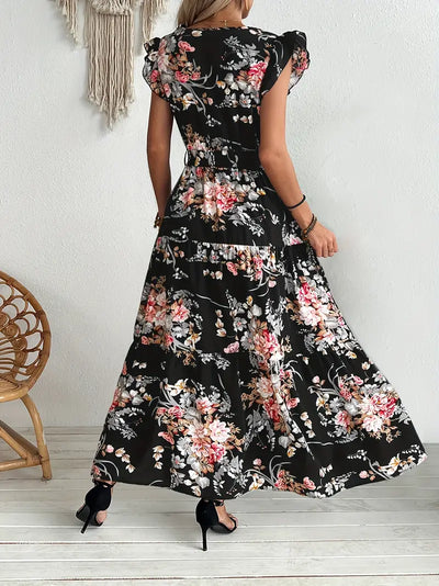Czarna swingowa sukienka z kwiatowym nadrukiem Elegancka letnia sukienka z falbaną i paskiem