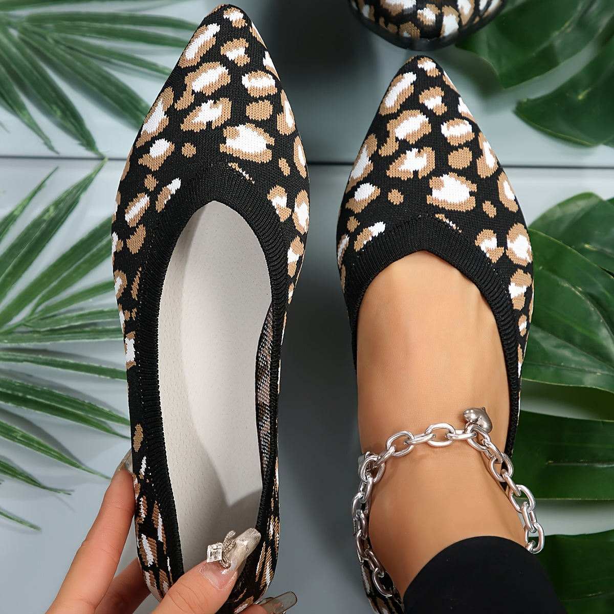 Ladies Leopard Ballerinas-Punkt Poślizg-on Light Ramin