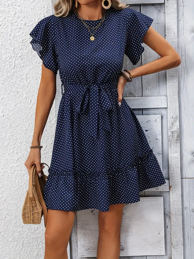 Granatowa sukienka midi Polkadot Elegancka letnia sukienka z kokardą w pasie