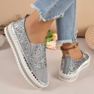 Kryształowe loafersy damskie, obcas 3 cm, wygodne buty na platformie