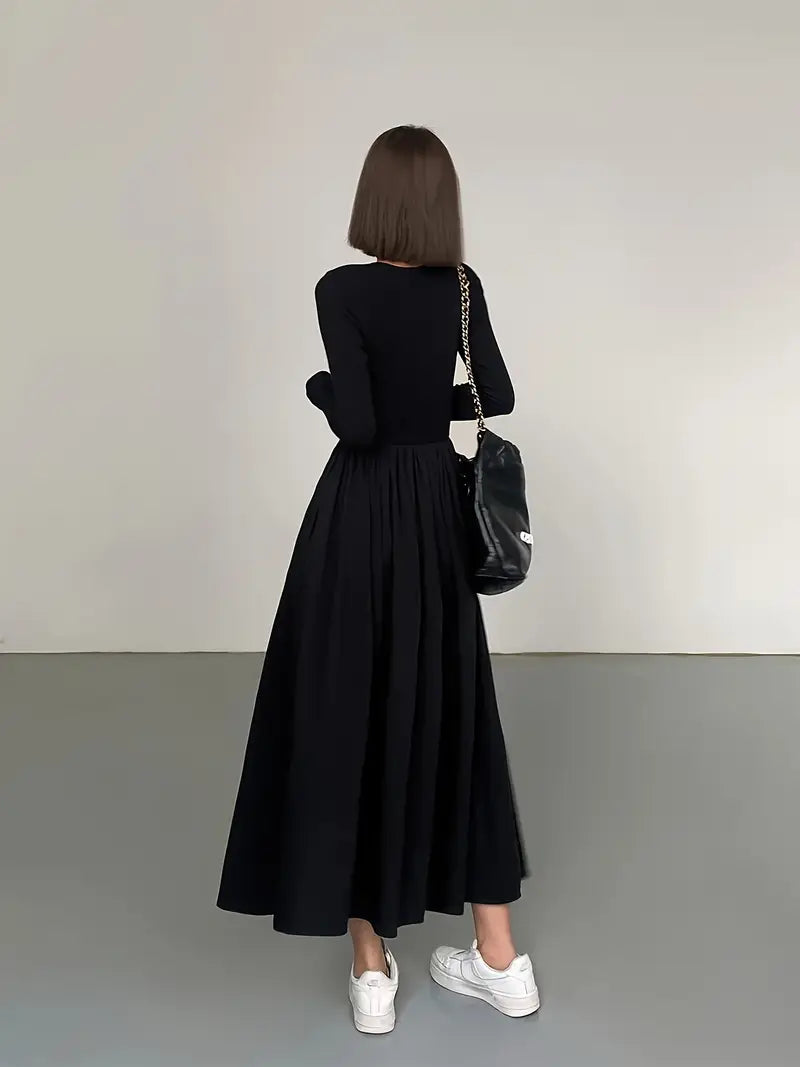 Elegancka sukienka swingowa o linii A z długim rękawem Casual w jednolitym kolorze