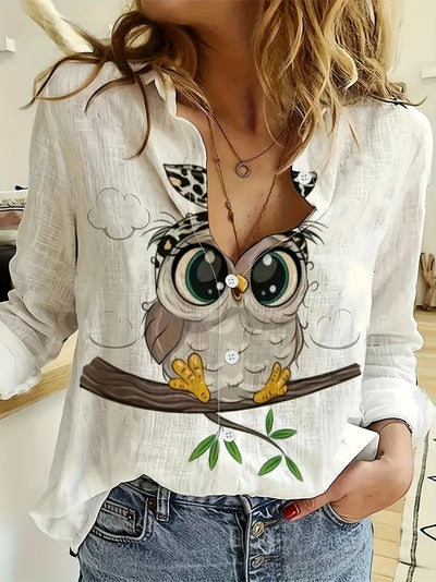 Lässiges Langarm-T-Shirt mit einzigartigem Eulen-Print für Frauen