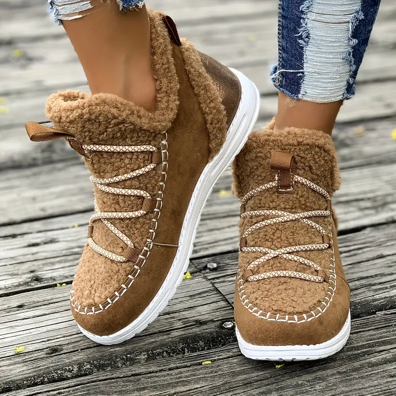 Damskie płaskie buty zimowe - Buty casual z materiału i PU