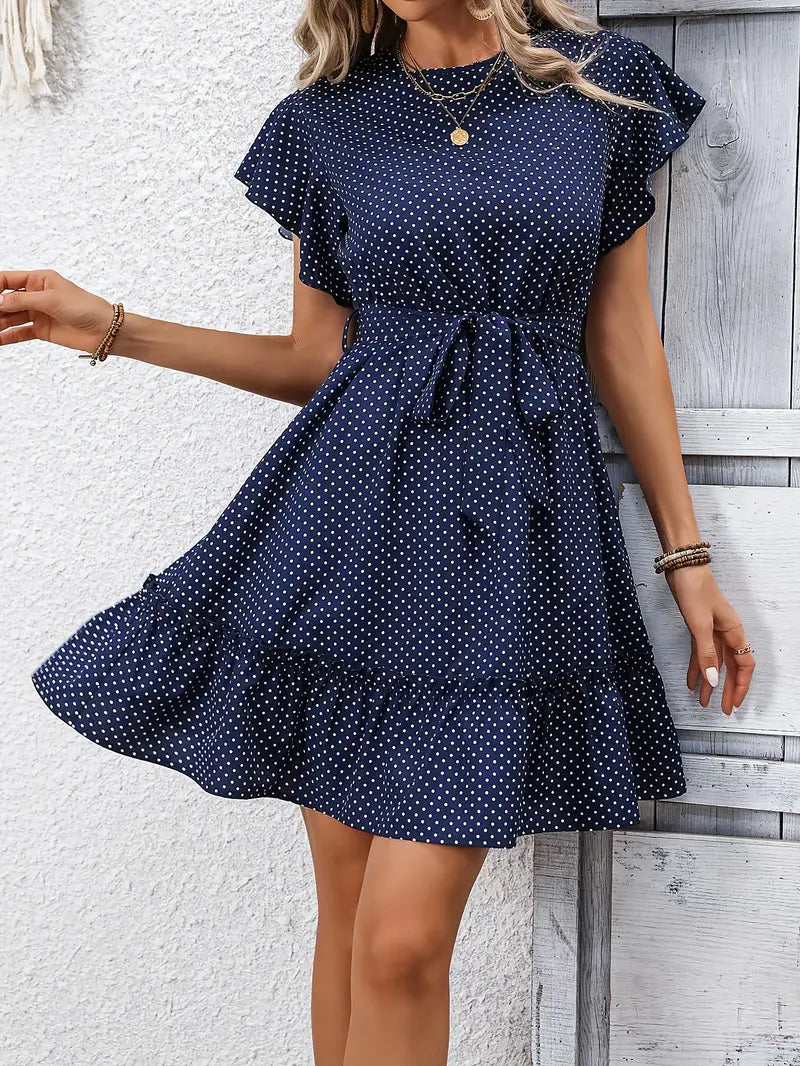 Granatowa sukienka midi Polkadot Elegancka letnia sukienka z kokardą w pasie
