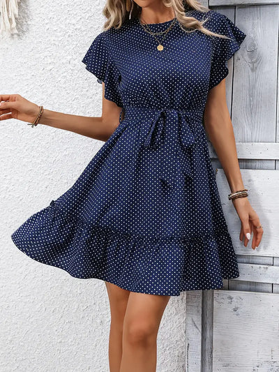 Granatowa sukienka midi Polkadot Elegancka letnia sukienka z kokardą w pasie