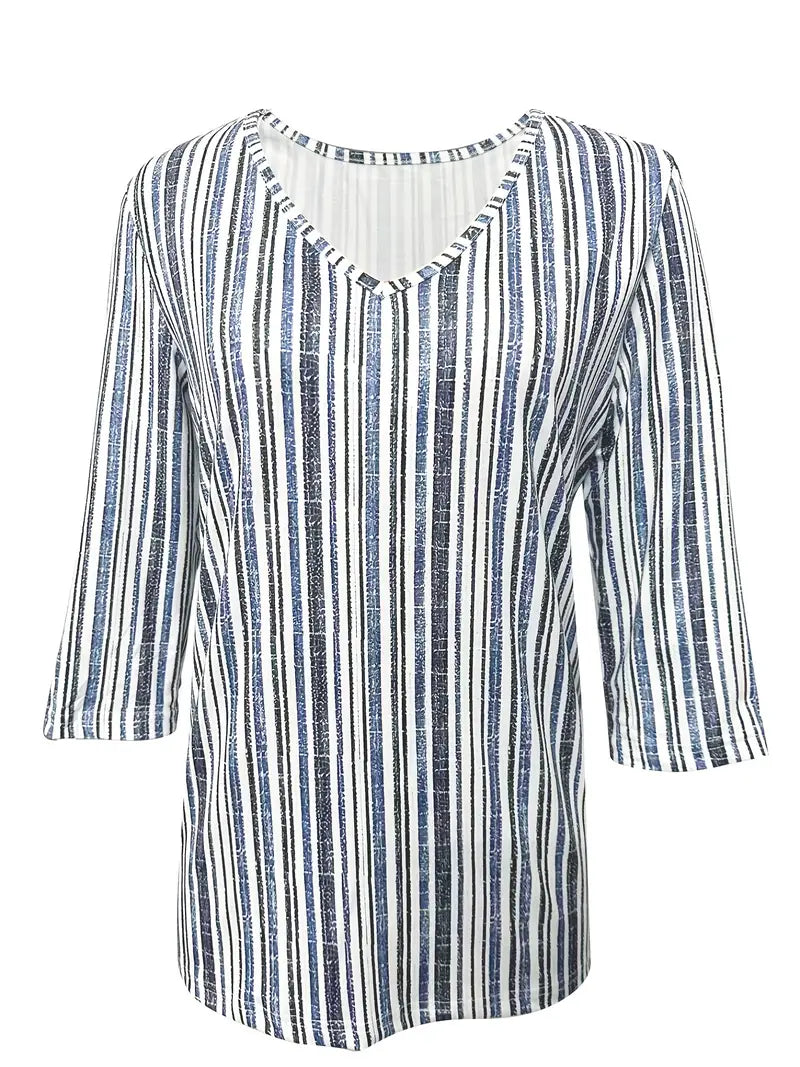 T-shirt o swobodnym kroju z półrękawami, eleganckim nadrukiem w paski i dekoltem w kształcie litery V