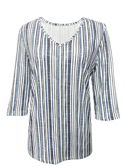 T-shirt o swobodnym kroju z półrękawami, eleganckim nadrukiem w paski i dekoltem w kształcie litery V