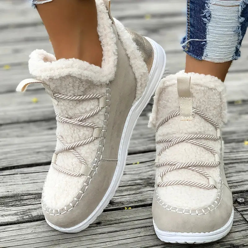 Damskie płaskie buty zimowe - Buty casual z materiału i PU