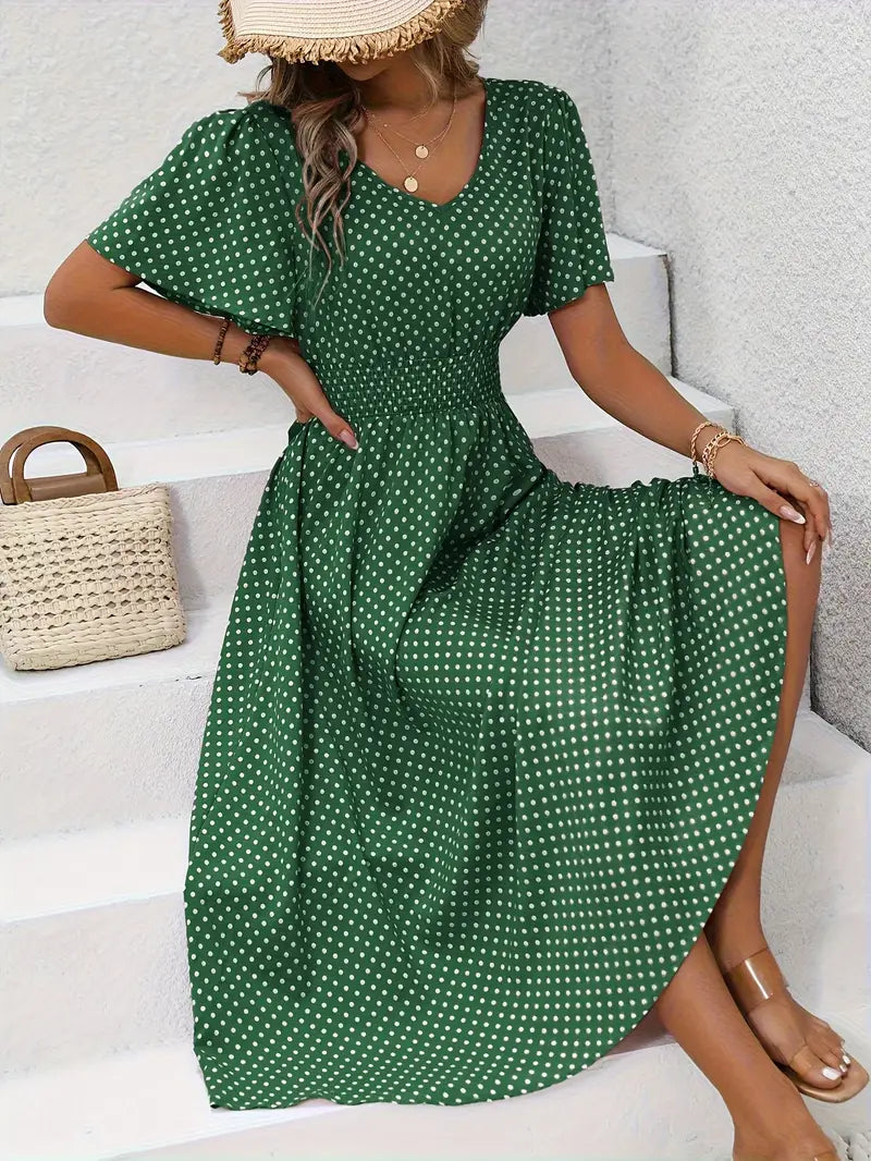Sukienka midi Polkadot z dekoltem w szpic i marszczonymi rękawami Summer Look