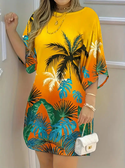 Sukienka wakacyjna z nadrukiem drzewa kokosowego Lemon Yellow Casual 3/4 Rękaw