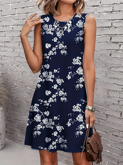 Granatowa sukienka w kwiaty - Letnia sukienka bez rękawów z eleganckim nadrukiem