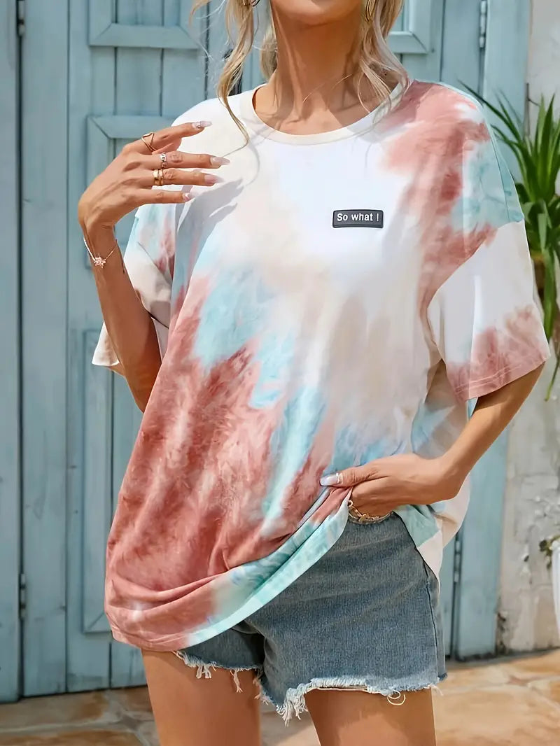 T-shirt z paskiem w kształcie litery i wzorem tie-dye, swobodny, z krótkimi rękawami
