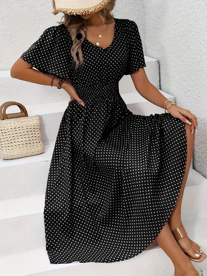Sukienka midi Polkadot z dekoltem w szpic i marszczonymi rękawami Summer Look