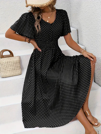 Sukienka midi Polkadot z dekoltem w szpic i marszczonymi rękawami Summer Look